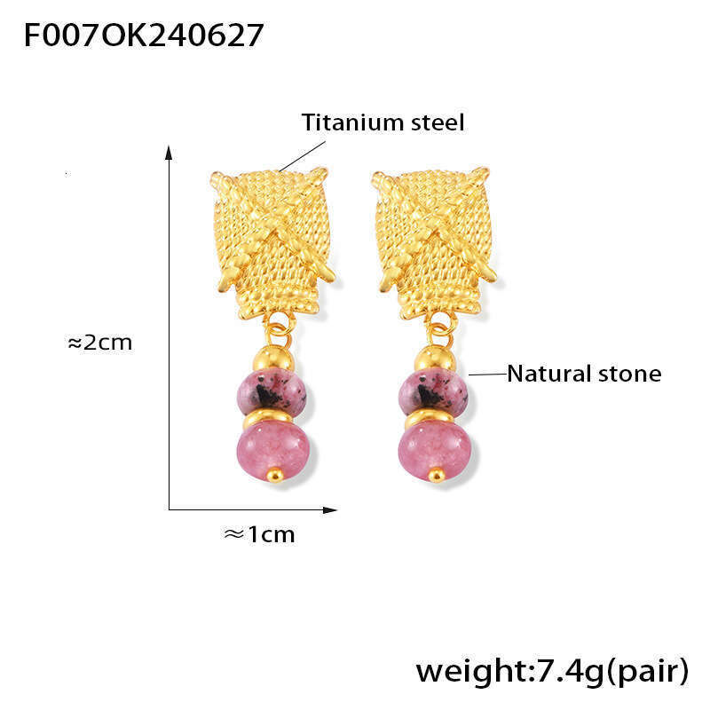 Bohemian polka dot texture titanium steel gold-plated ethnic style natural stone tassel earrings