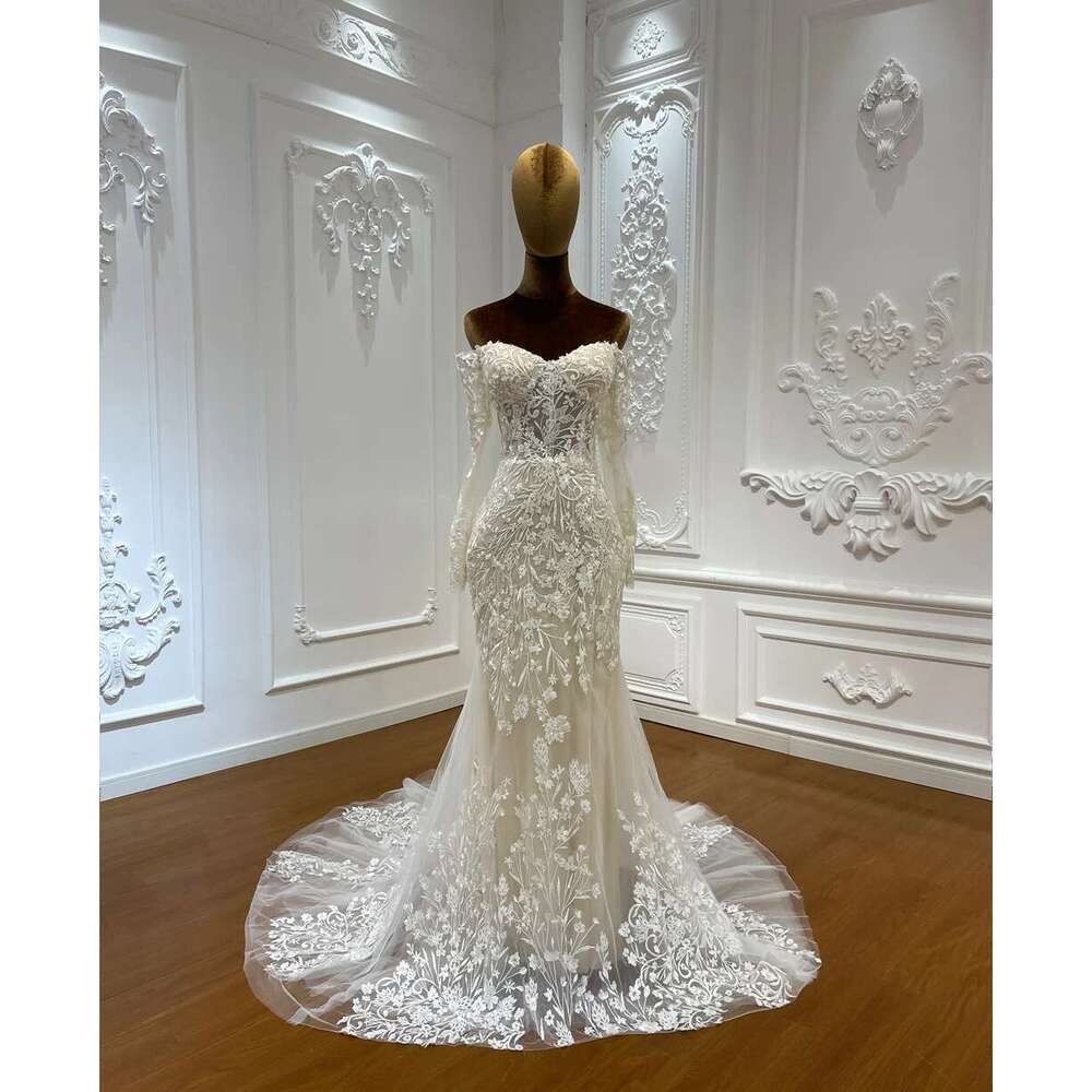 Custom Off Shoulder Appliques Lace Long Sleeves 2 in 1 quinceanera Mermaid Wedding Dress