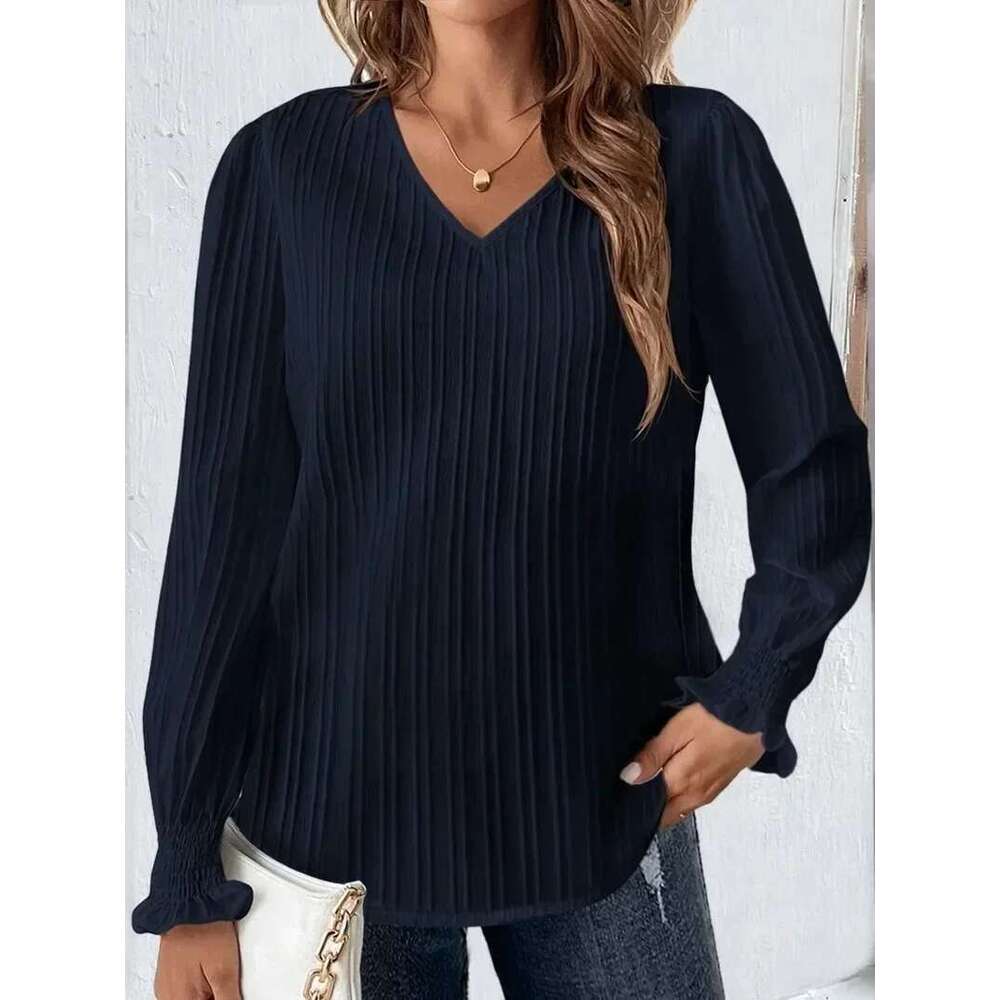 Women's Spring And Autumn Plus Size 1Xl-5Xl Casual Ladies Fashion Solid Color Ribbed Lantern Sleeves V-Neck T-Shirt
