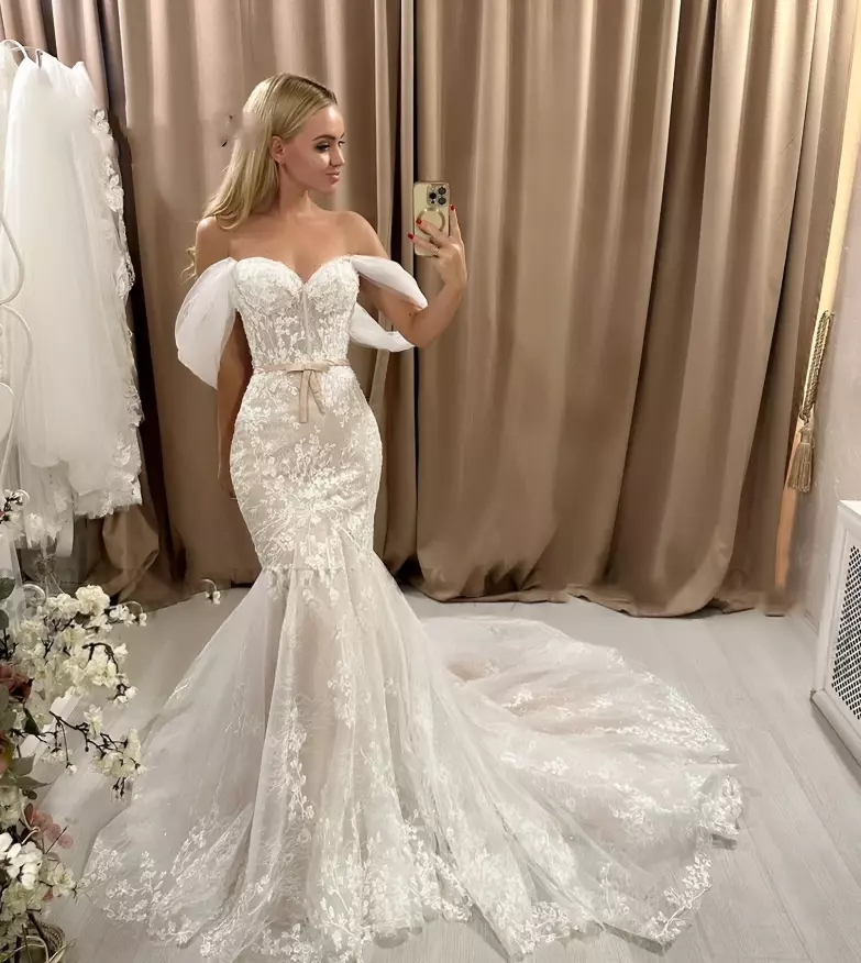 Off Shoulder Lace Mermaid Wedding Dresses With Detachable Train Boho Bridal Gowns Back lace-Up Ivory And Nude Modern Vestido De Novia 2025