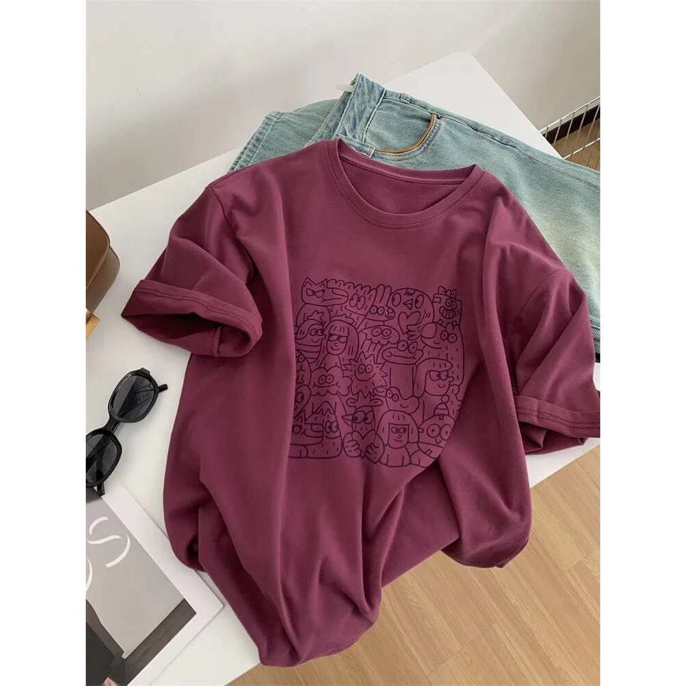 Purple Red Cute Cartoon Print Round Neck Short Sleeved T-Shirt For Women Loose Fitting And Slimming