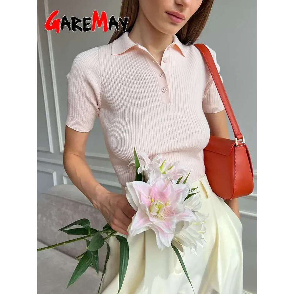 Women's Knitted T-Shirt Green Elegant Short Sleeve Summer Top Ribbed Sweater Slim Basic Polo With Collar For Women