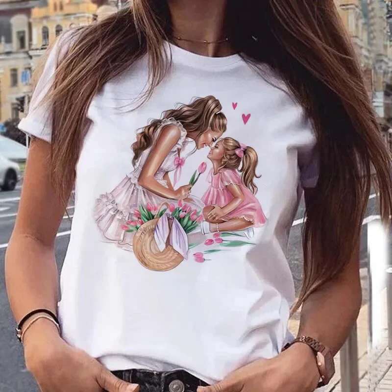 Plus Size Maycaur Women T Cartoon Mom With Son Shirt Fashion Print Casual Woman Tee Ladies Female T-Shirt Short Sleeve Top