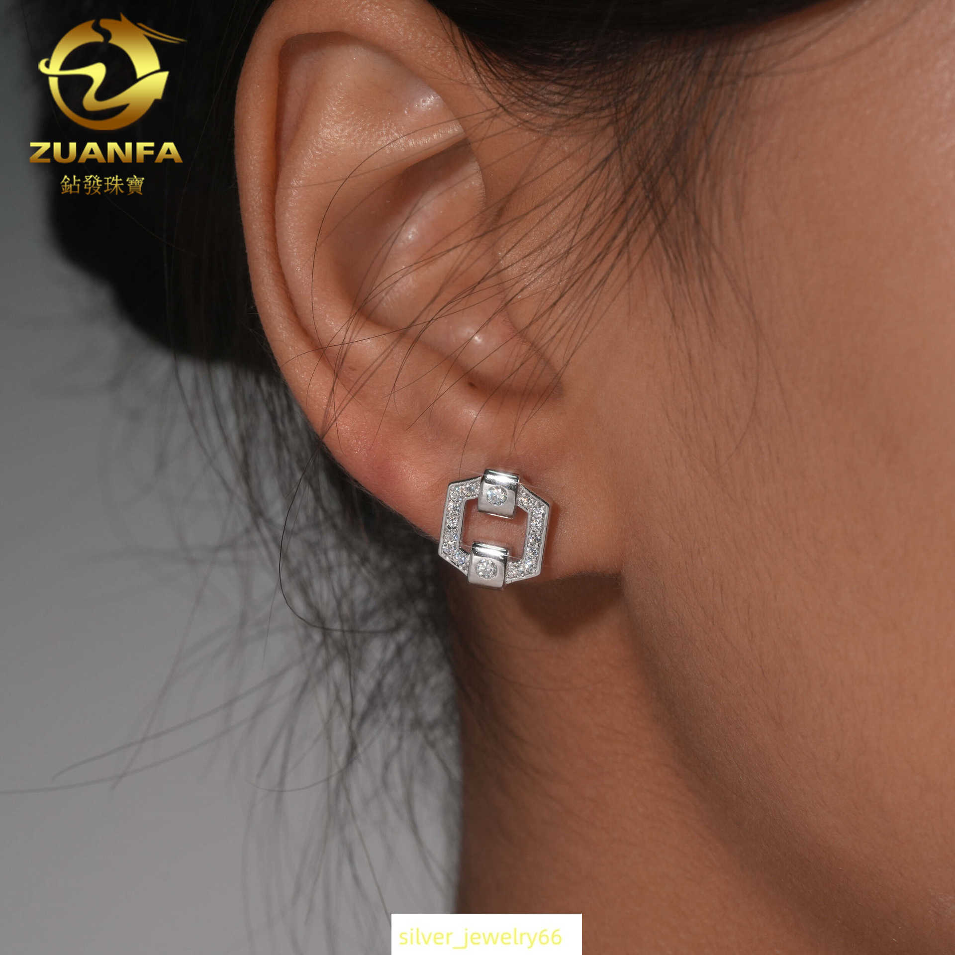 Wuzhou S925 Silver Inlaid D-Color Moissanite Earrings Hot Selling Hexagonal Simple Earrings