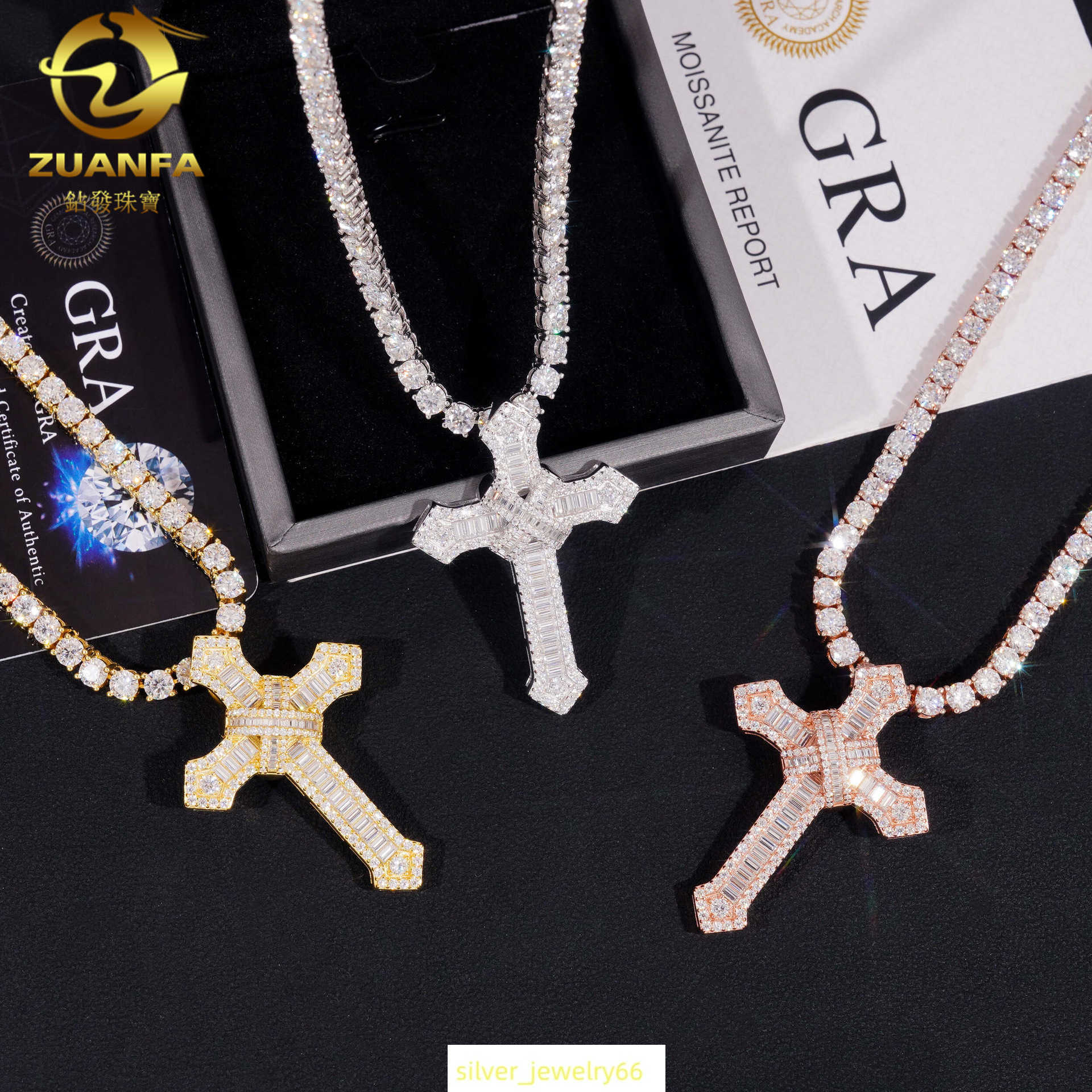 ZUANFA S925 Silver Set Moissanite Hip Hop Cross Pendant with GRA