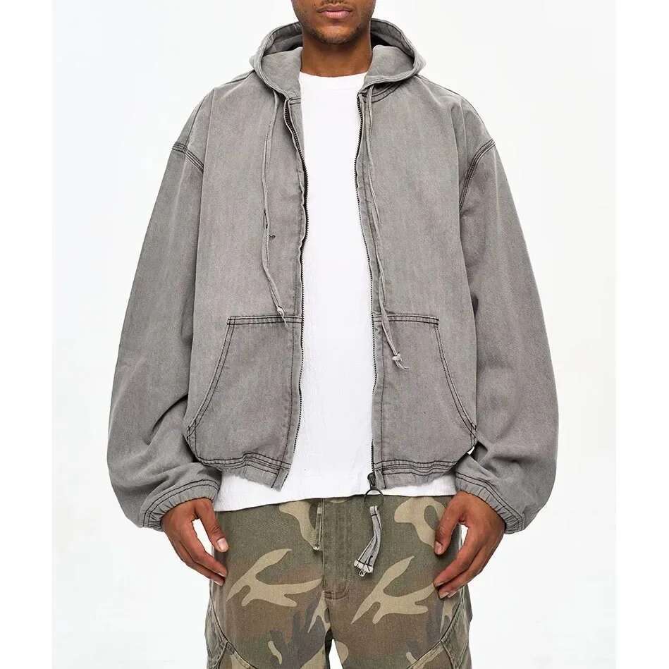 Vintage Washed Zipper Hooded Denim Jacket For Men And Women Cleanfit Streetwear Lapel Windbreaker Autumn Jeans Coat Oversized
