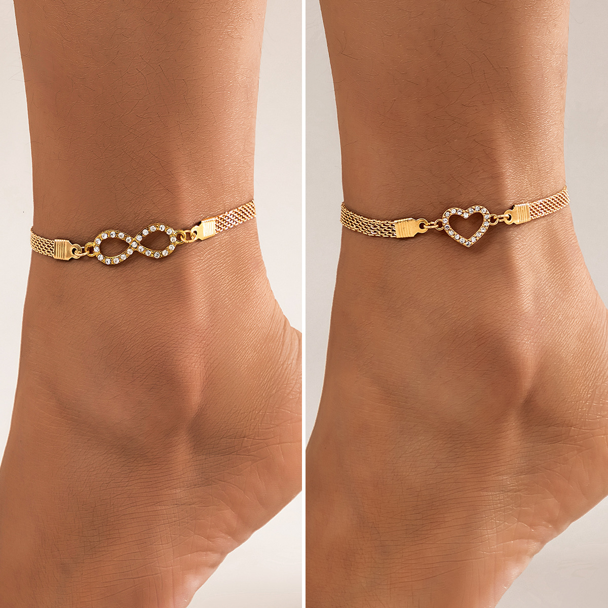 Woman Leisure Beach Dia Heart 8-character Infinite Symbol Feet Minimalist Geometric fashion Metal Chain Anklet