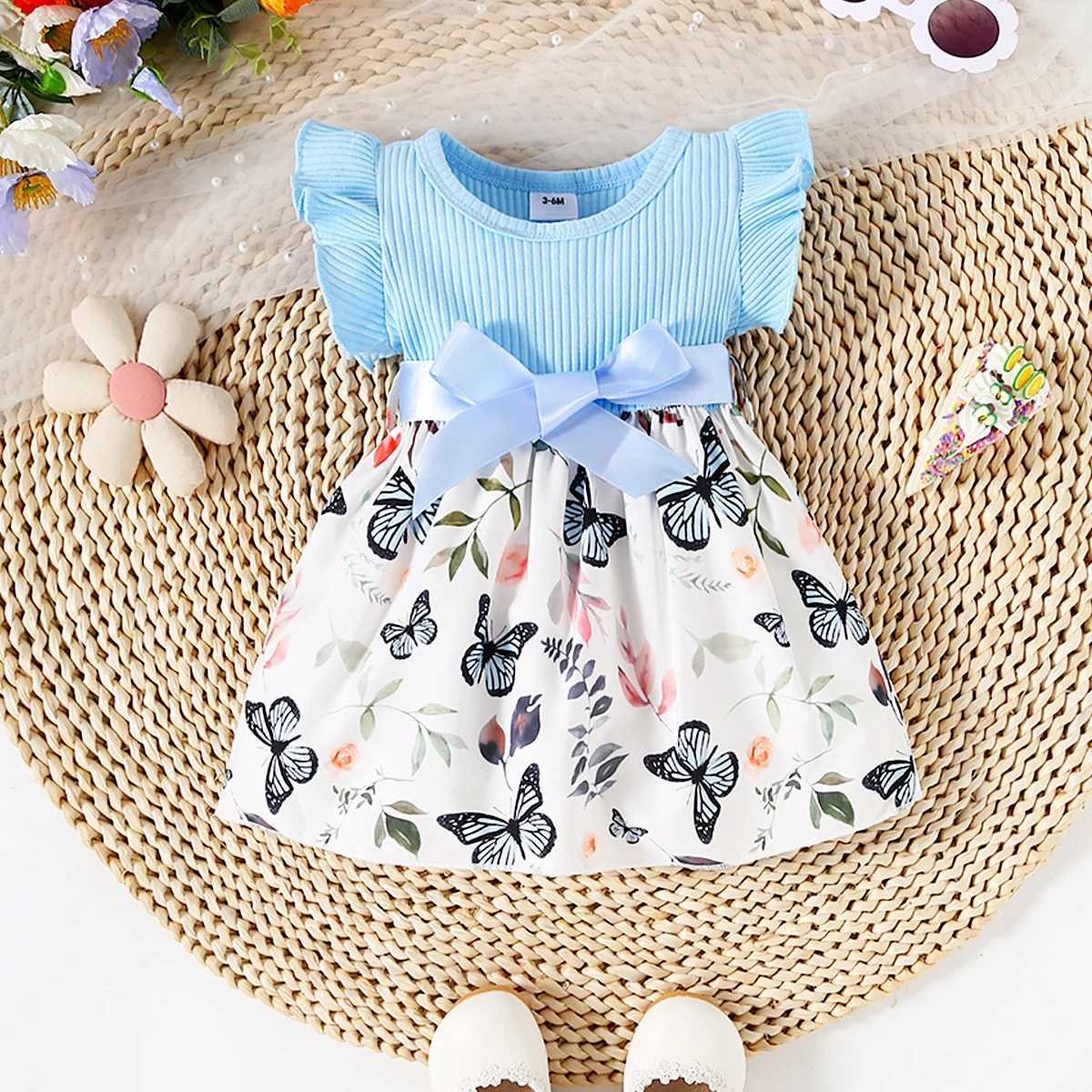 Baby Girl Butterfly and Plant Polka Dot Print Ruffle Sleeve Belt Dress + Ribbon Z250214