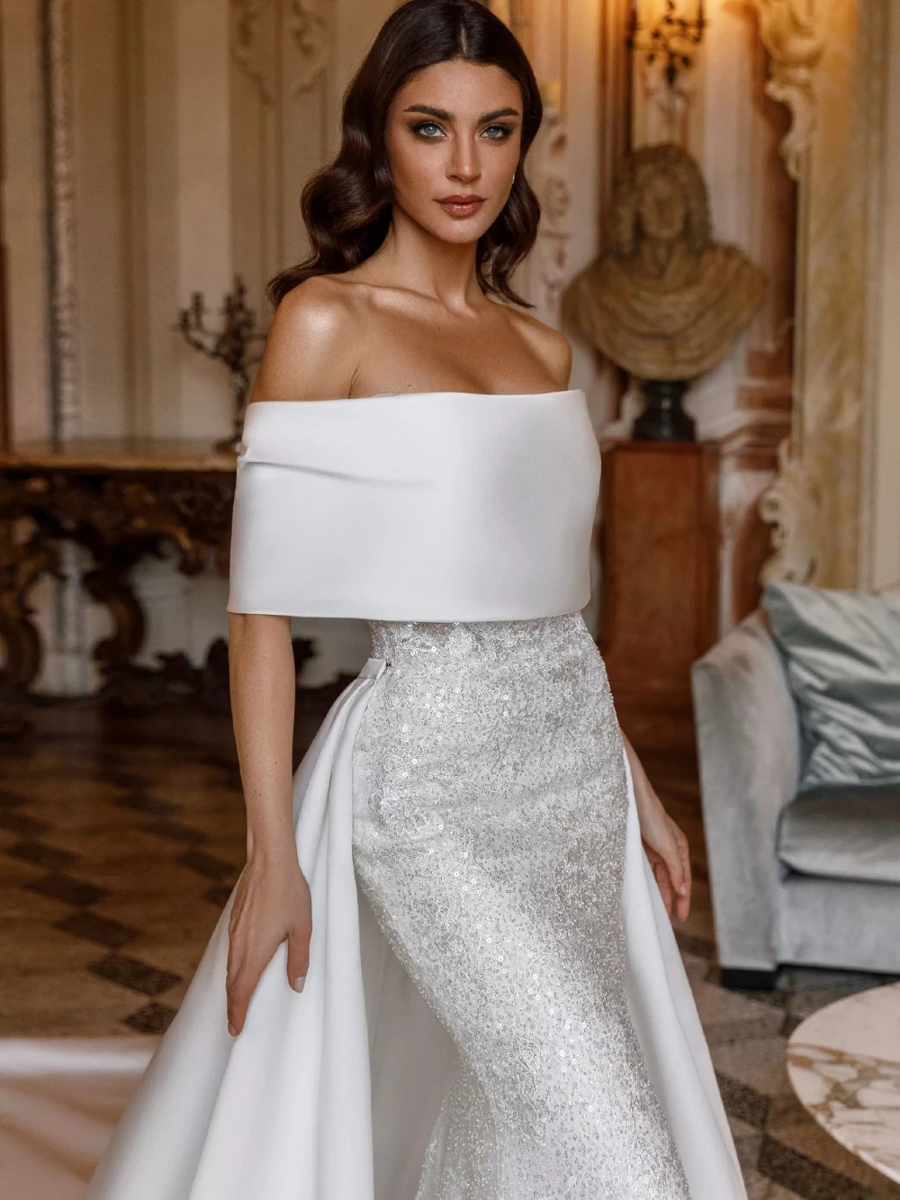 Elegant Mermaid Wedding Dresses For Women Off Shoulder Sleeveless Gown Sequins Detachable Train Customized Dress Party Custom Made vestidos de novia