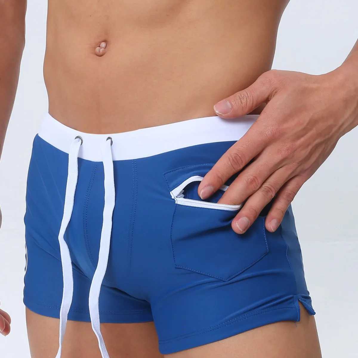 M-5XL Zipper Pocket Swimwear Men Swimming Trunks 2024 Swimsuits Men Swim Shorts Sexy Bikini Boxer Beach Wear Mens Bathing Suit W250214