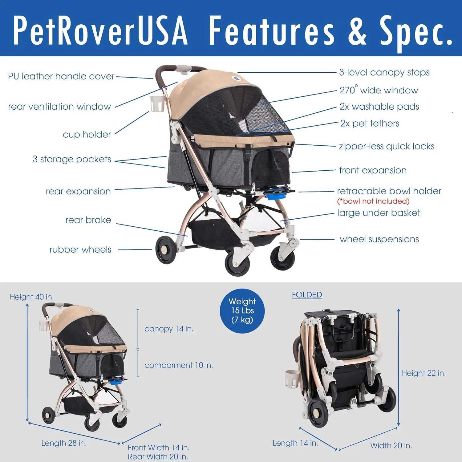 Others Dog Carrier Pet Rover Lite Premium Light-Weight Dog/Cat/Pet Stroller Travel Carriage with Convertible Compartment/Aluminum Frame H250213