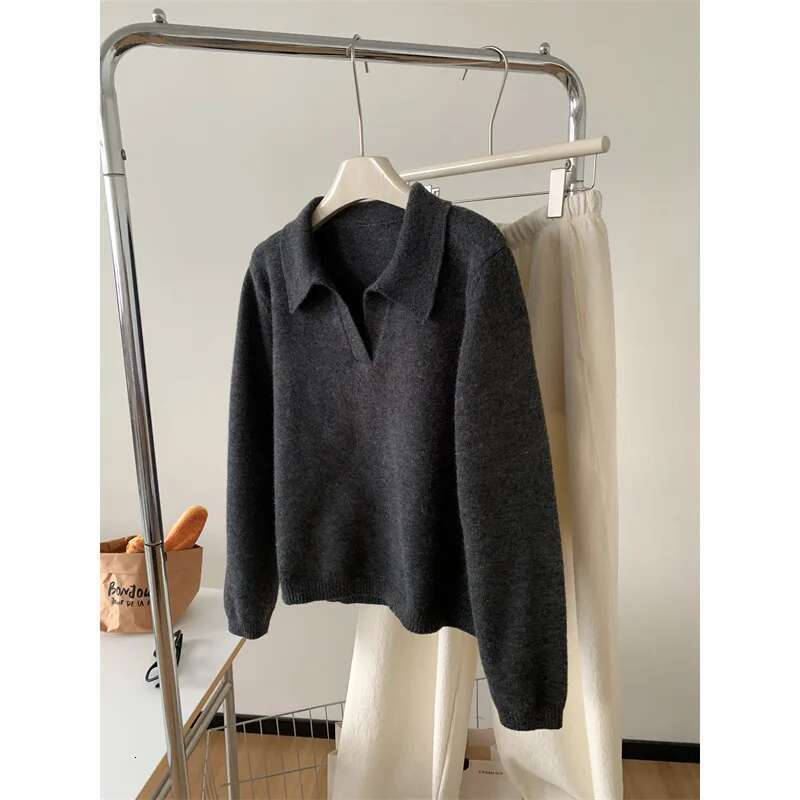 2025 Fall Grey Polo's Pullover Women's Autumn Winter Loose Slimming Long Sleeved Knitted Sweater