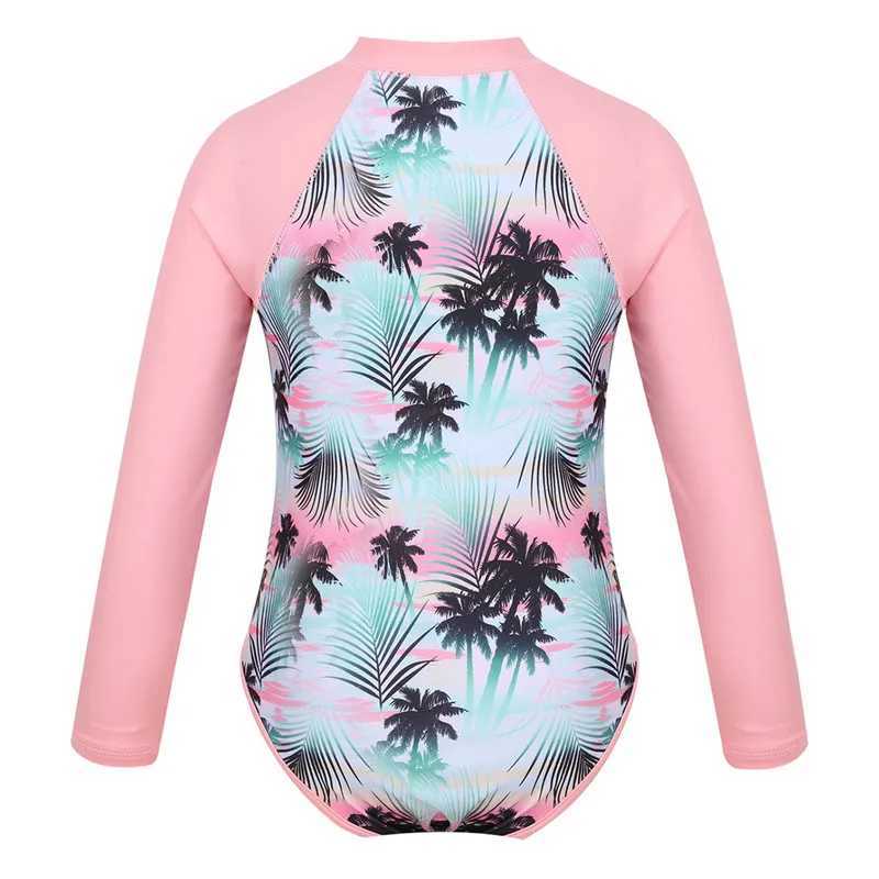 Summer Swimming One-piece Kids Girls Swimsuit Rash Guard Long Sleeves Palm Printed Zippered Bathing Suit Swimwear Beach Wear Z250214