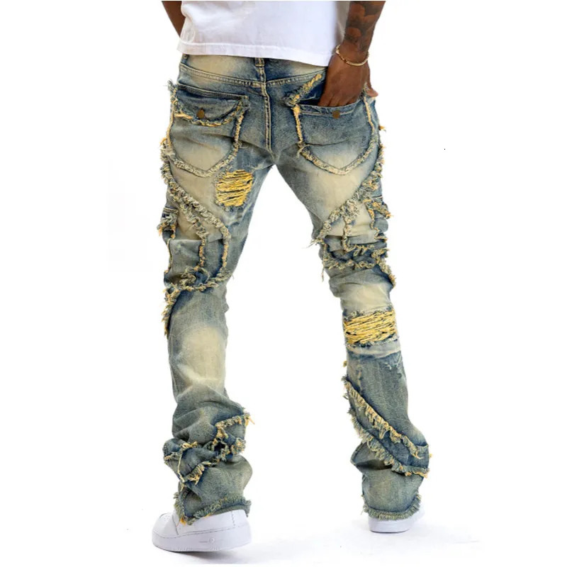 Men Ripped Stacked Jeans Distressed Slim Fit Skinny Straight Leg Fashion Hip Hop Denim Pants Casual Streetwear 250210