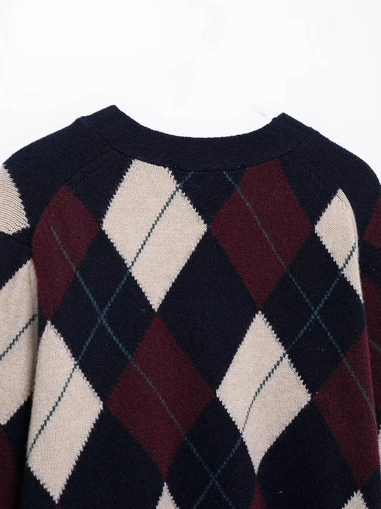 Elegant Sweater Long Sleeve Knitwear Coat 2025 Women Argyle Jacquard Short Cardigan Chic Casual Knitted Cardigans
