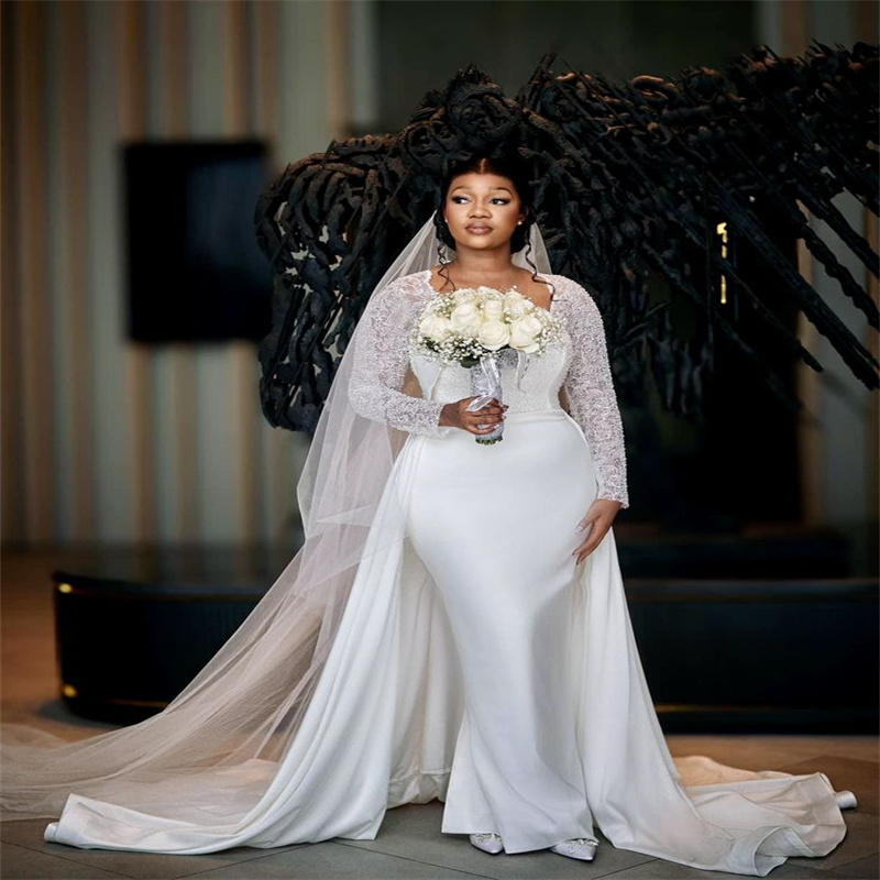 Fancy African Wedding Dress With Overskirt Train Elegant Plus Size Mermaid Bridal Dress 2025 Lace Long Sleeve Bride Dress Civil Boho Garden Vestio De 