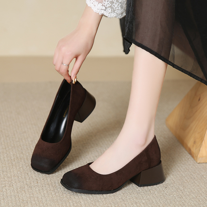 hot Women Dress Shoes Simple Design Versatile Chunky Heel Square Toe Triple Black Brown Yellow Free shipping