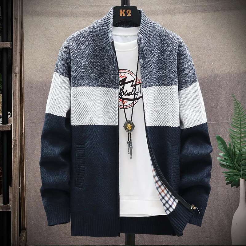 Autumn Winter Cardigan Men Fleece Zipper Sweaters Veet Contrast Striped Sweater Coats Casual Jackets