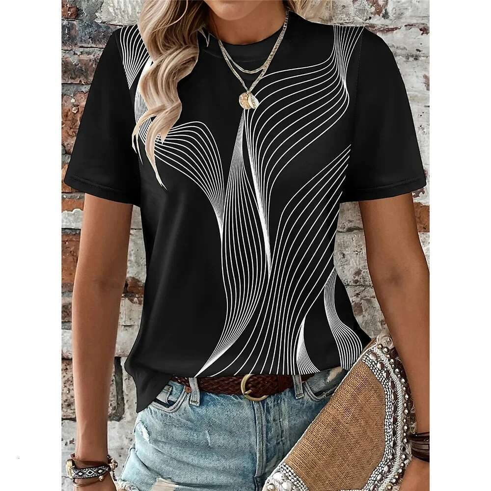 Summer New 3D Striped Printed Casual Fashion Round Neck Fun Top Shirt Vintage Plus Size Women's T-Shirt Clothing