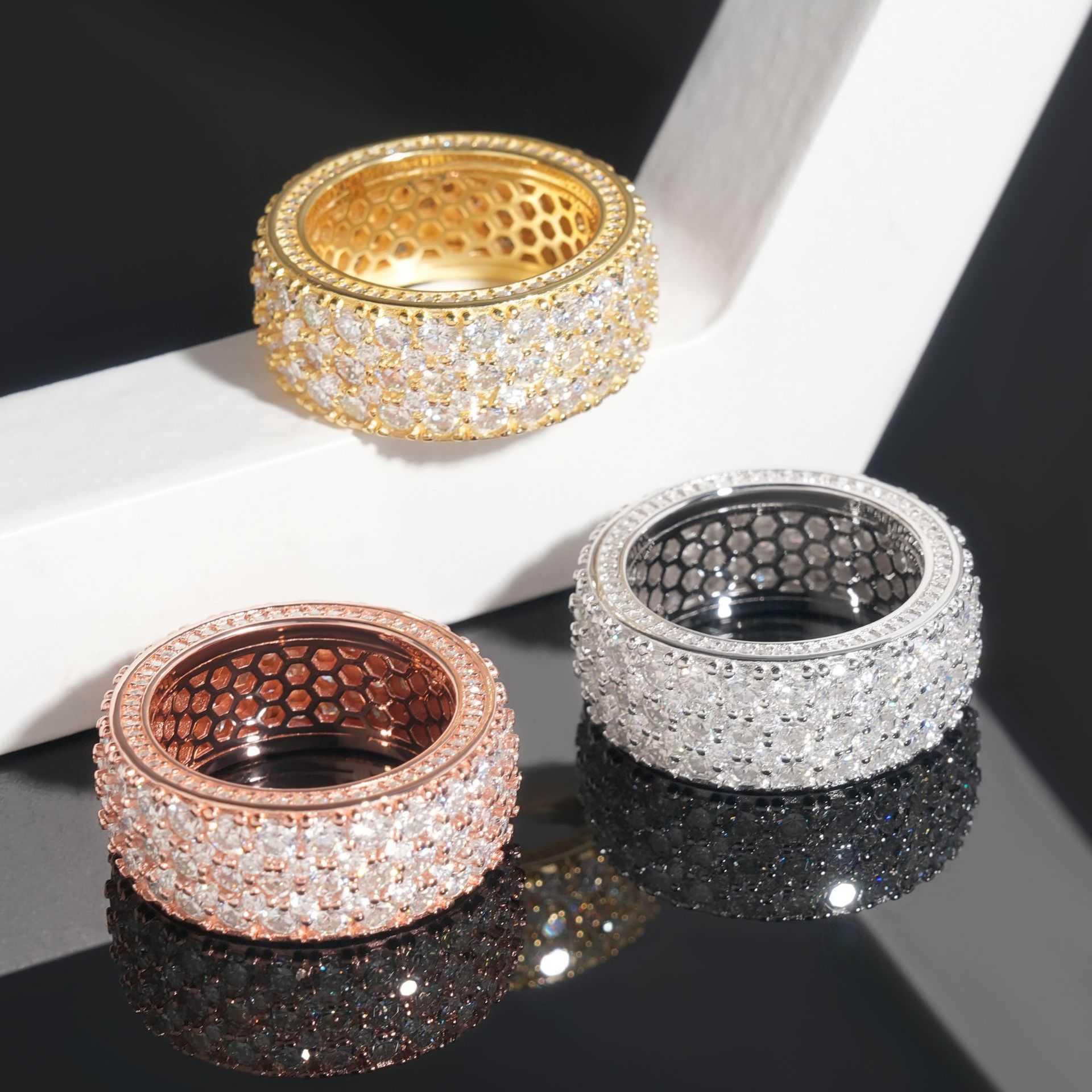 Diamond hair new S925 silver inlaid D-color vvs moissanite ring for men and women three row stone ring