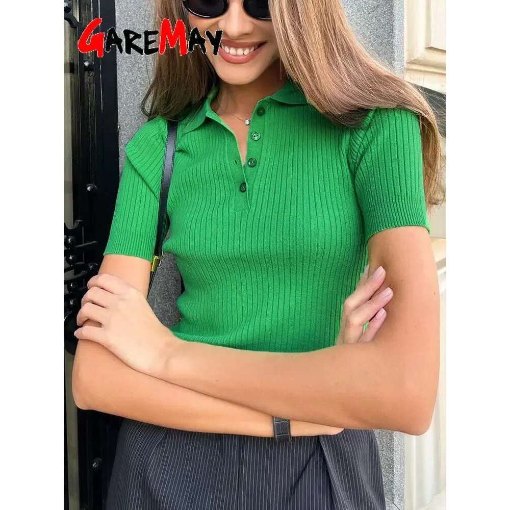 Women's Knitted T-Shirt Green Elegant Short Sleeve Summer Top Ribbed Sweater Slim Basic Polo With Collar For Women