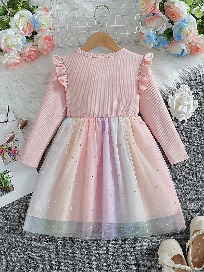 Girls Long Sleeved Bow Dress 2-6Y Fashion Thin Childrens Starry Sky Sequin Mesh Dress Spring Autumn Kids Clothing Z250214