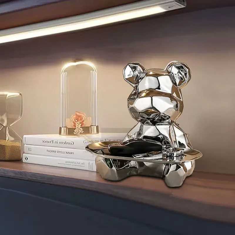 Geometric bear statue with tray storage ceramic plating piggy bank key cosmetic storage box bookshelf statue decoration.XJ250214