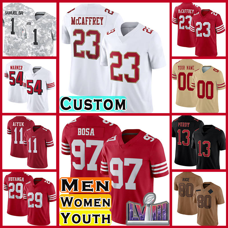 Brock Purdy Christian McCaffrey Football Jersey San Franciscos 49erss George Kittle Deebo Samuel Sr Fred Warner Nick Bosa Ricky Pearsall Jauan Jennings Williams