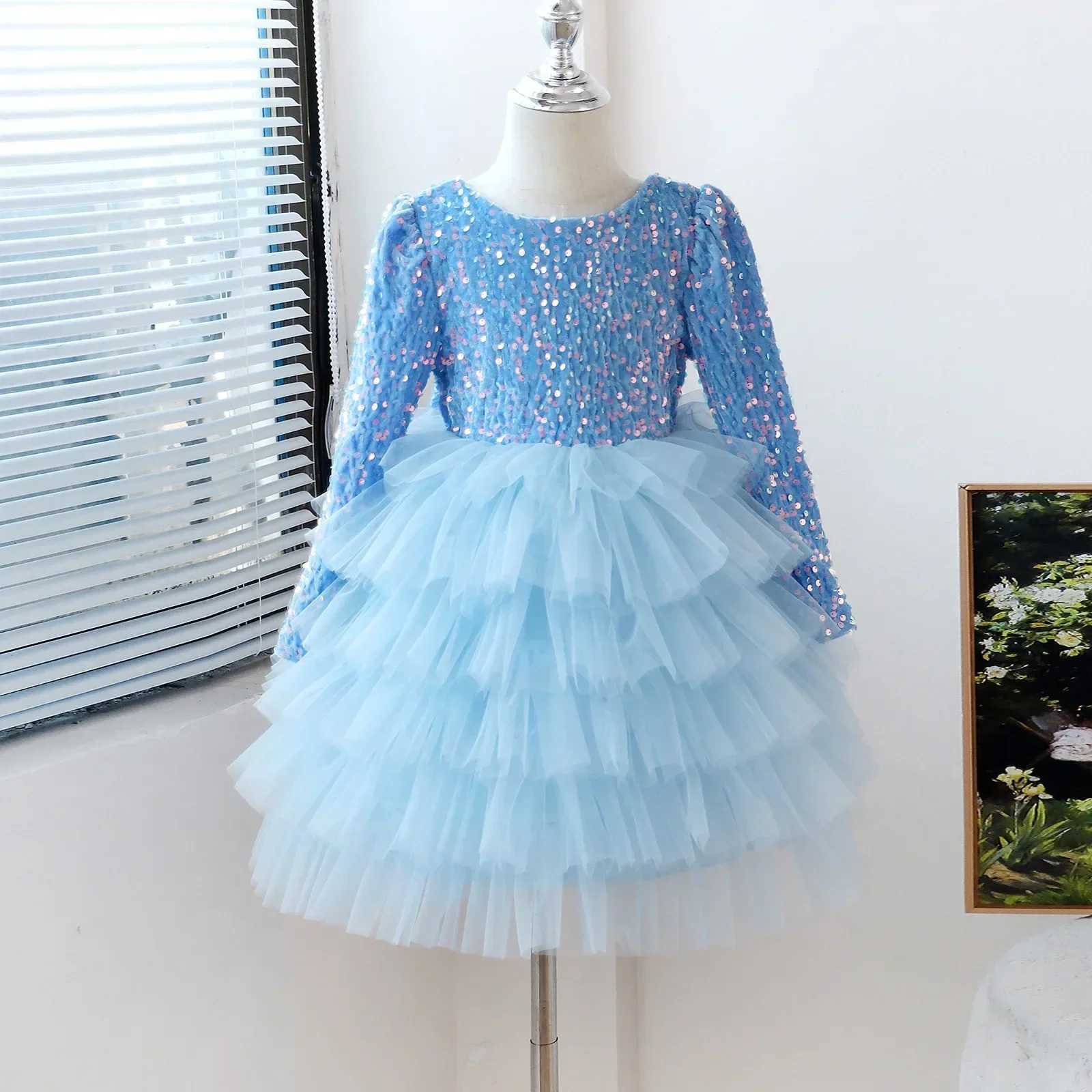 Little Girls Par Dress for Flying Sleeve Solid Child Clothes 2024 New Flower Girl Birthday Princess Dress for 3-8Y Kids Summer Z250214