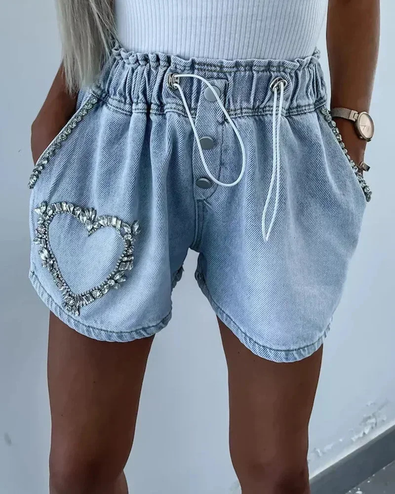 Rhinestone Heart Pattern Drawstring Denim Women Fashion Spring Summer Jeans Shorts Pants 250213 XJ260206