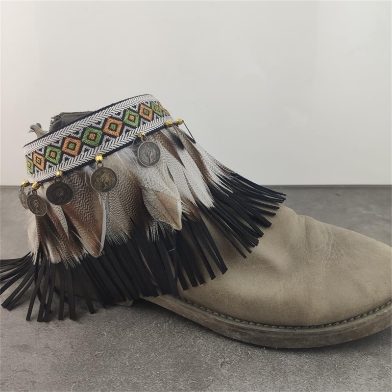 Bohemian womens handmade feather shoes chain ankle tie straps shoelaces leather straps tassel boot straps 250110
