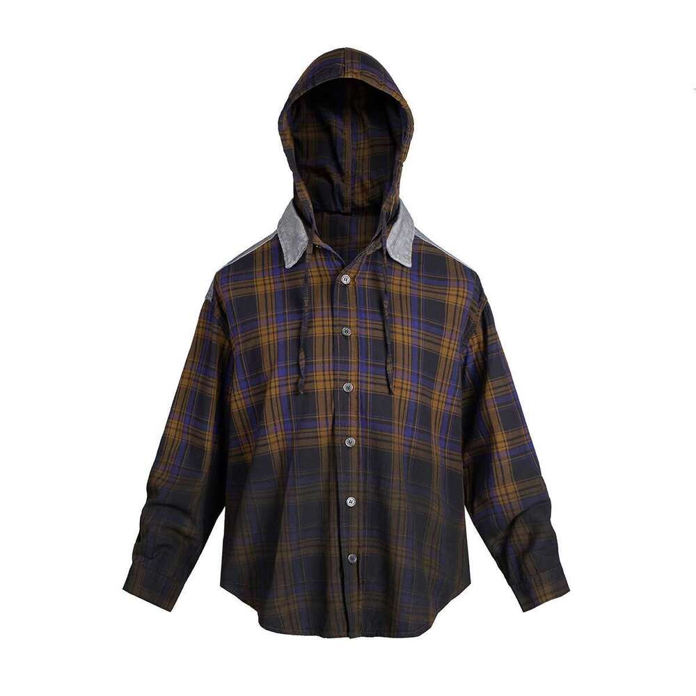Haruku Contrast Gradient Color Plaid Hooded Shirt For Men Streetwear Single Breasted Long Sleeve Shirts Oversized