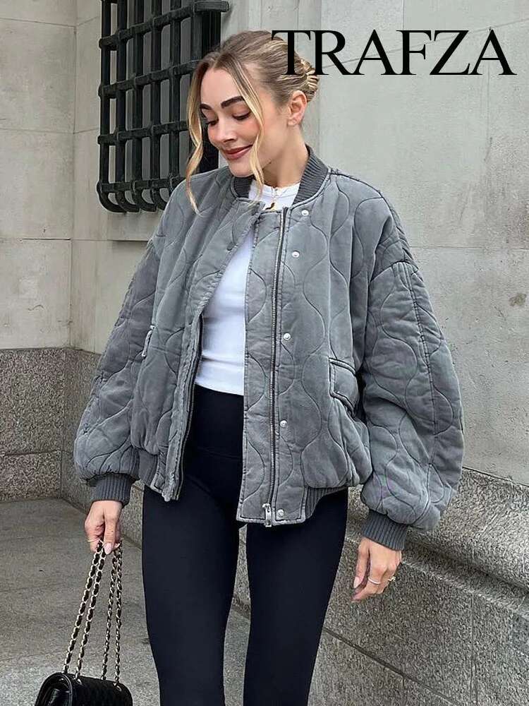 TRAFZA Winter Fashion Spliced Cotton Clothes Loose Bomber Retro Long Sleeve Women's Jacket with Pockets