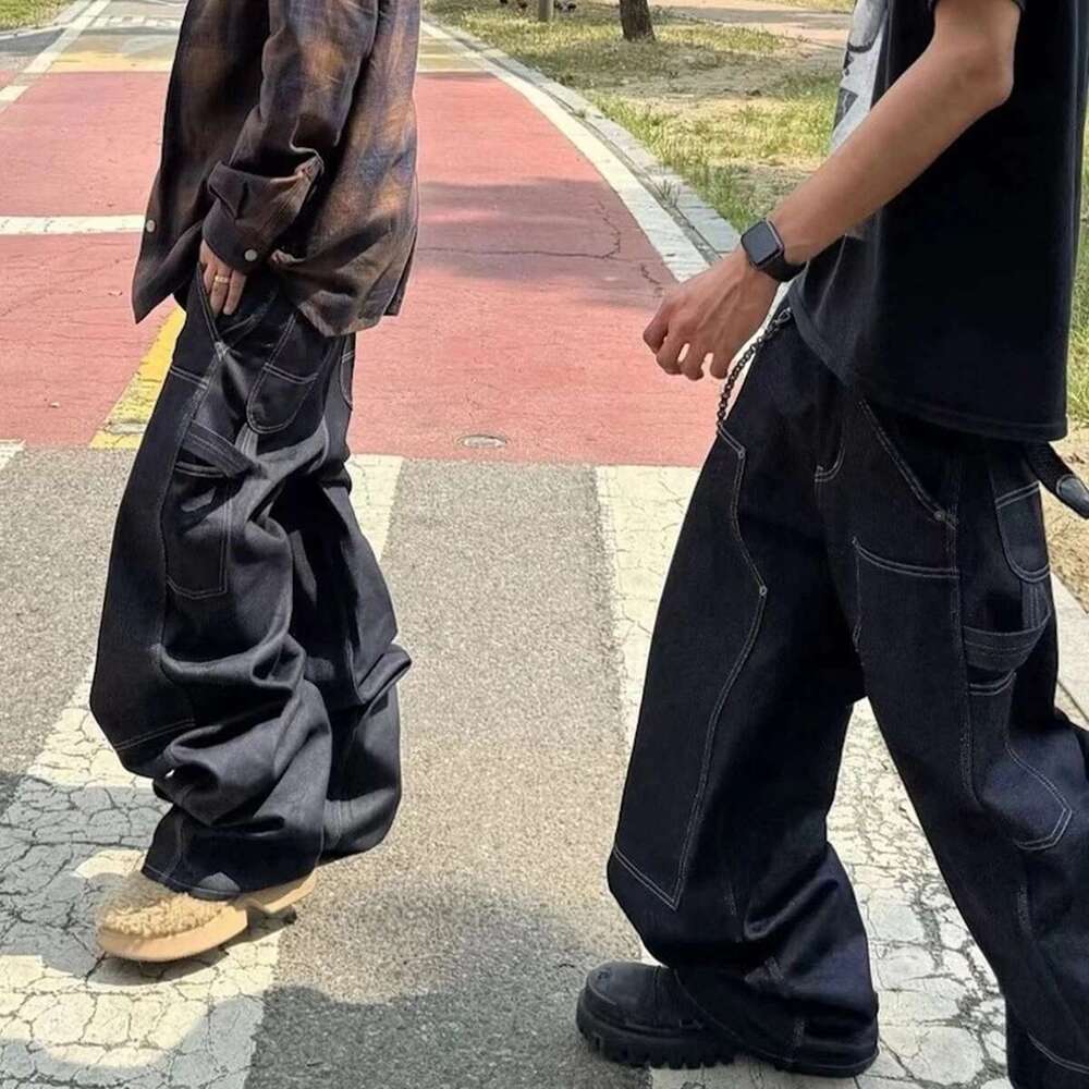 High Street Cleanfit Multipockets Drak Blue Baggy Jeans For Men And Women Straight Vintage Casual Loose Denim Trousers Oversize