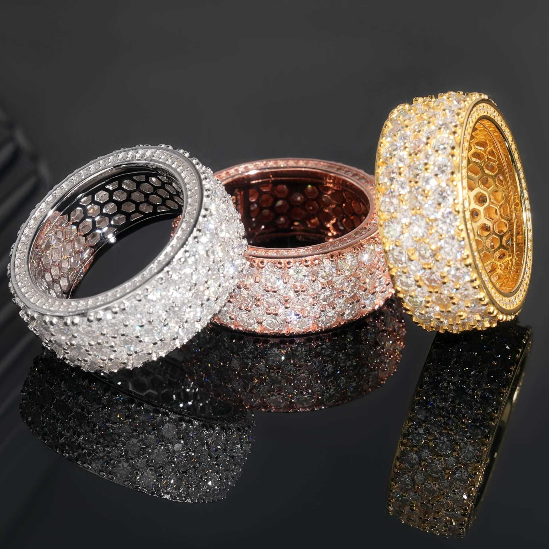 Diamond hair new S925 silver inlaid D-color vvs moissanite ring for men and women three row stone ring