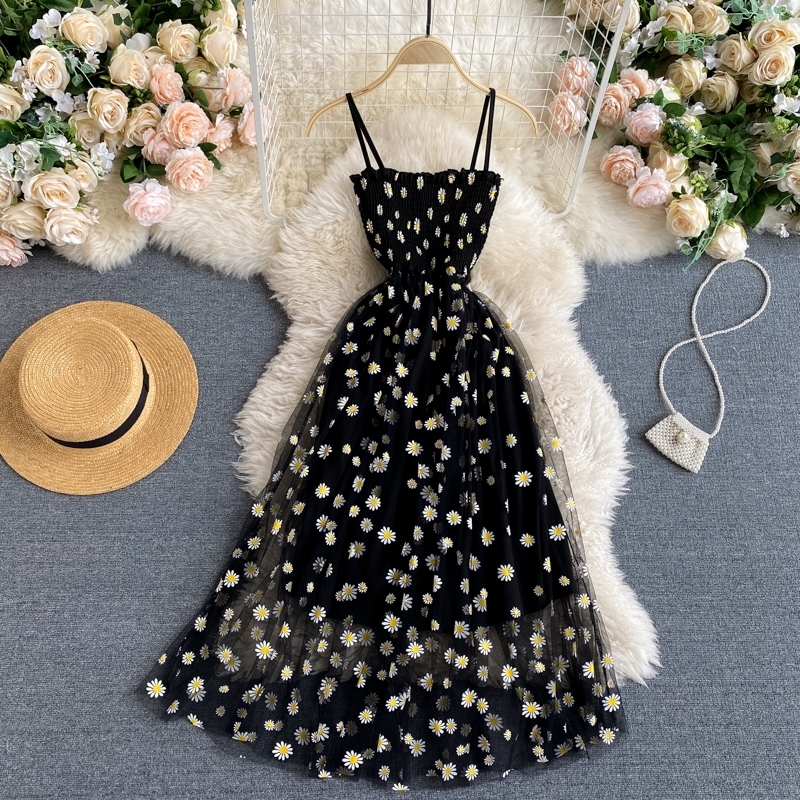 YuooMuoo Korean Fashion Daisy Flower Print Mesh Party Dress Summer Two Layers Spaghetti Strap Vacation Midi Beach Vestidos 250207