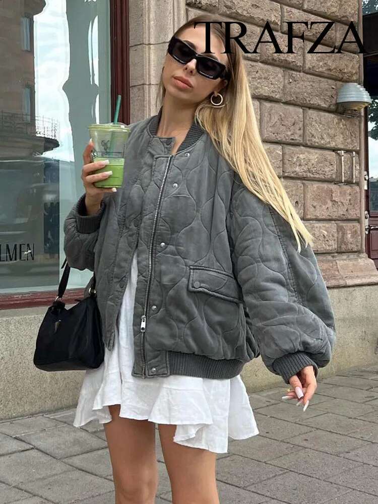 TRAFZA Winter Fashion Spliced Cotton Clothes Loose Bomber Retro Long Sleeve Women's Jacket with Pockets
