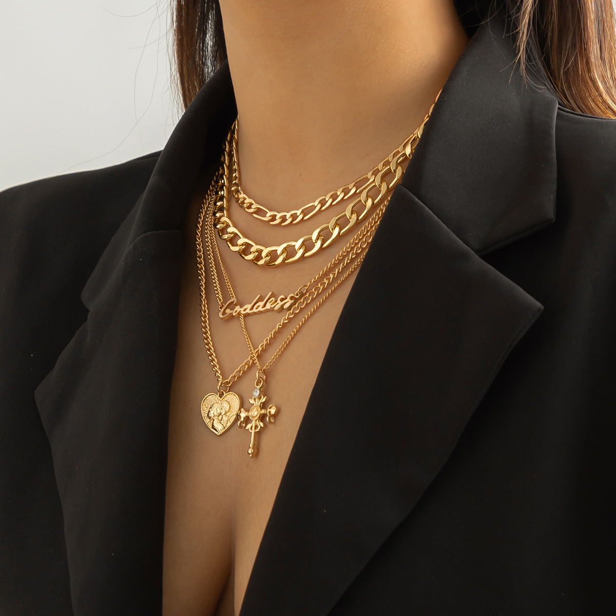 Woman Jewelry multi-layer portrait cross pendant fashion with hip-hop style letter chain necklace for women