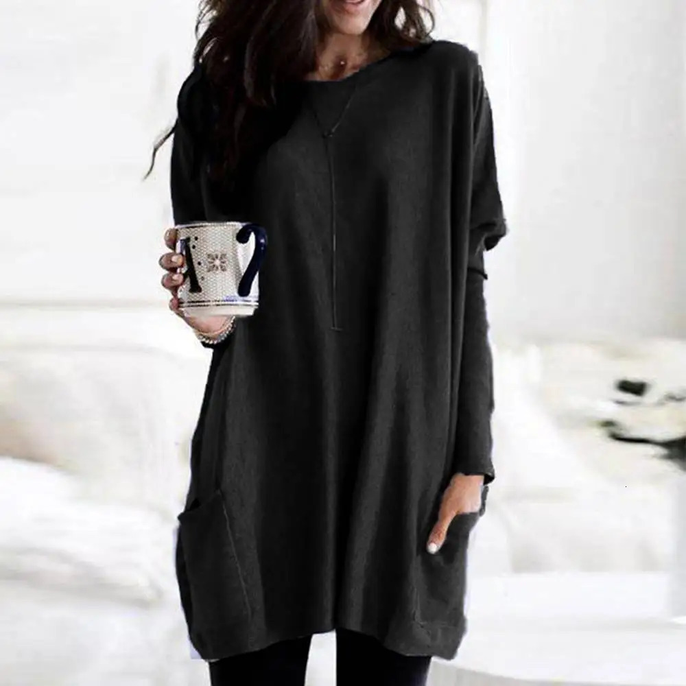 Womens Long Sleeve Pocket Tunic Tops Blouse Ladies Casual Loose Jumper Pullover Plus Size Clothing For Female 250211