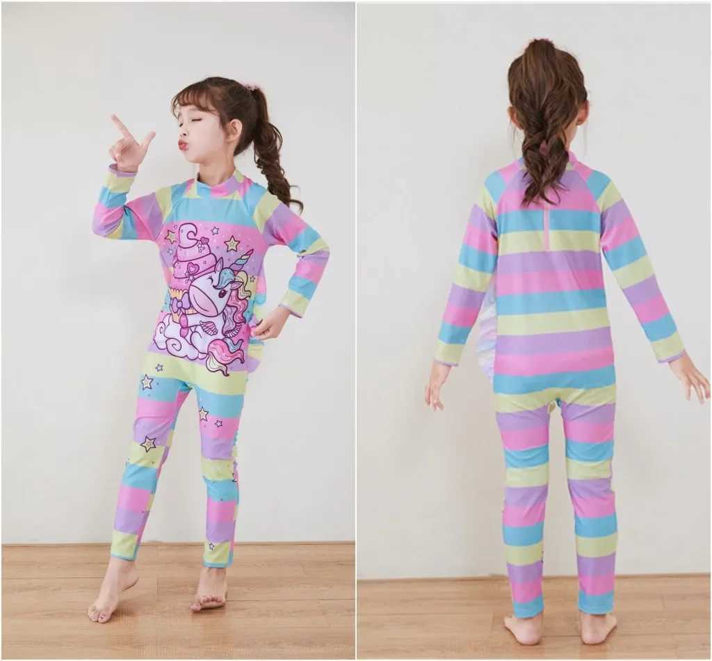 Kids Wet suit Long Sleeve Surfing Suit Rainbow Star Diving Snorkeling Swimming Jumpsuit Dive Swimwear Girls With Cap Z250214