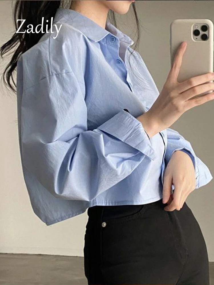 Zadily Spring Casual Long Sleeve Women White Shirt Korea Style Solid Button Split Woman Crop Tops Blouse Party Clothing 250213