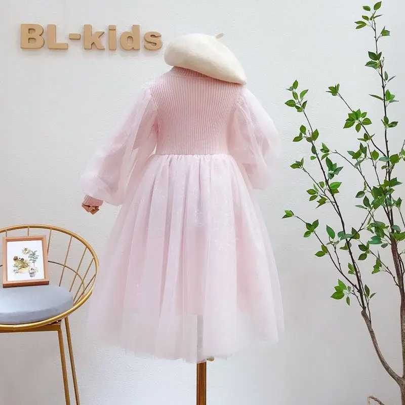 Korean Sle Girls Dress 2025 Spring Autumn Long Sleeves Mesh Pearl Sweet Fashion Little Princess Dress 3-10 Years Kids Clothes Z250214