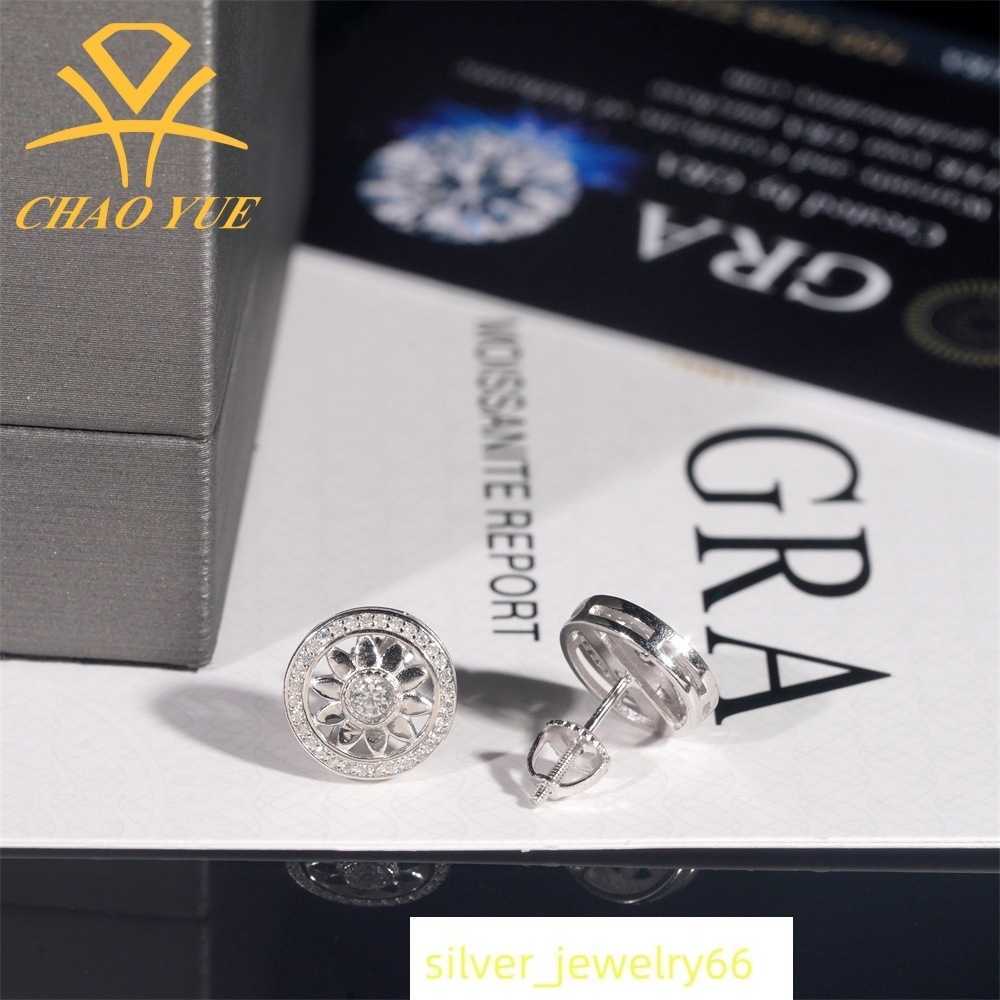 Hip hop new 925 silver ear studs vv vs moissani unique round flower earrings for men and women