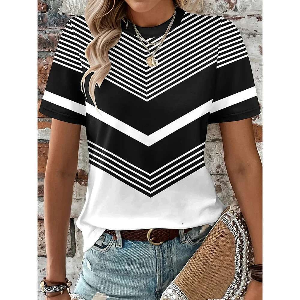 Summer New 3D Striped Printed Casual Fashion Round Neck Fun Top Shirt Vintage Plus Size Women's T-Shirt Clothing