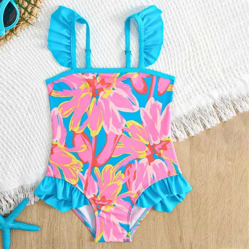 3-7 Years Kids Girls Sleeveless Swimsuit Summer Beach Bathing Suit Cute Flower Print Strap Children Swimwear Z250214