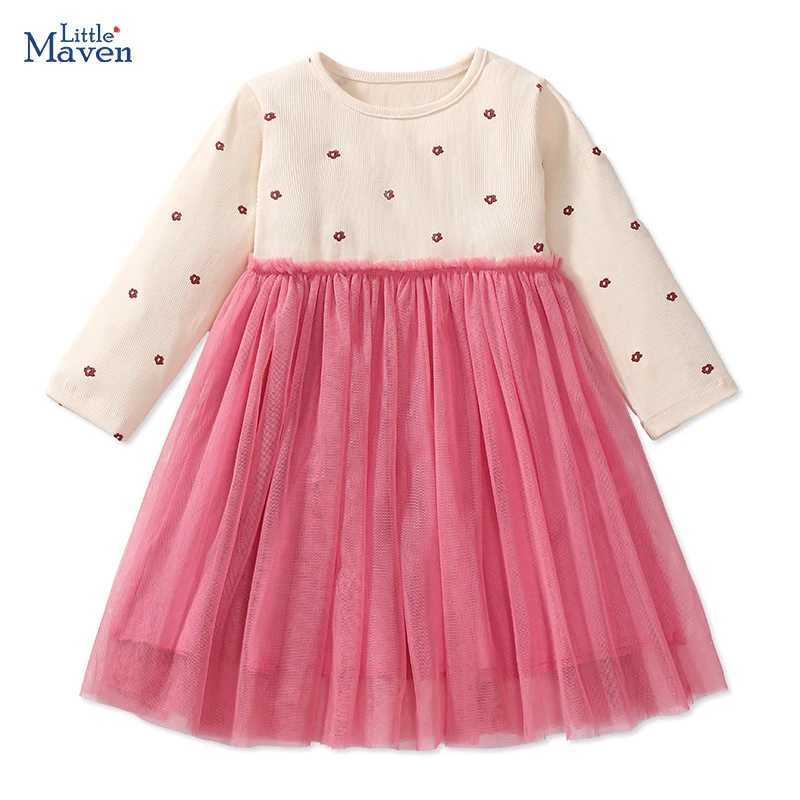 Little maven Kids Clothes Childrens Clothing 2024 Autumn Cotton Baby Girls Long Sleeves Flowers Mesh Dresses 2-7 year Z250214