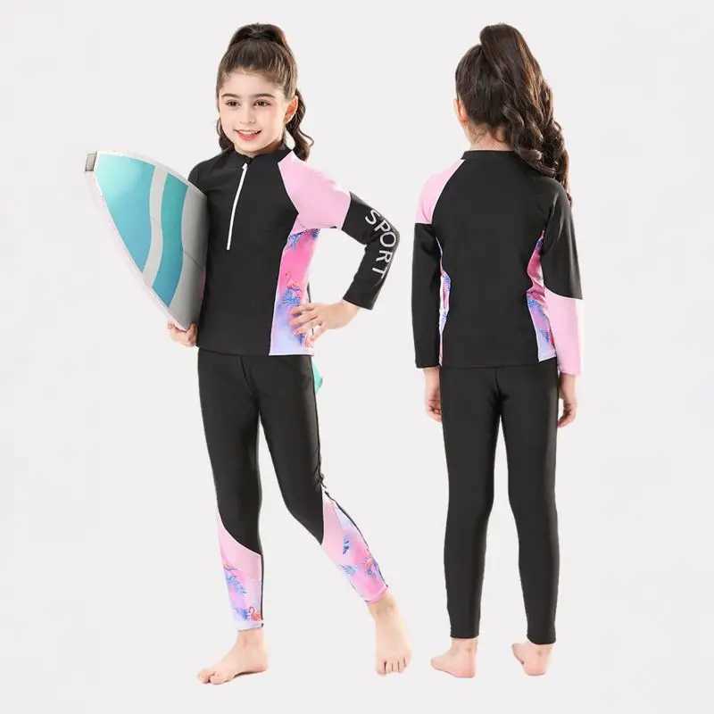 Children Girls Printed Swimsuits Kid Swimwear Long Sleeve Sun Protection Long Sleeve Tops and Pant Beachwear 5-16 Years Z250214