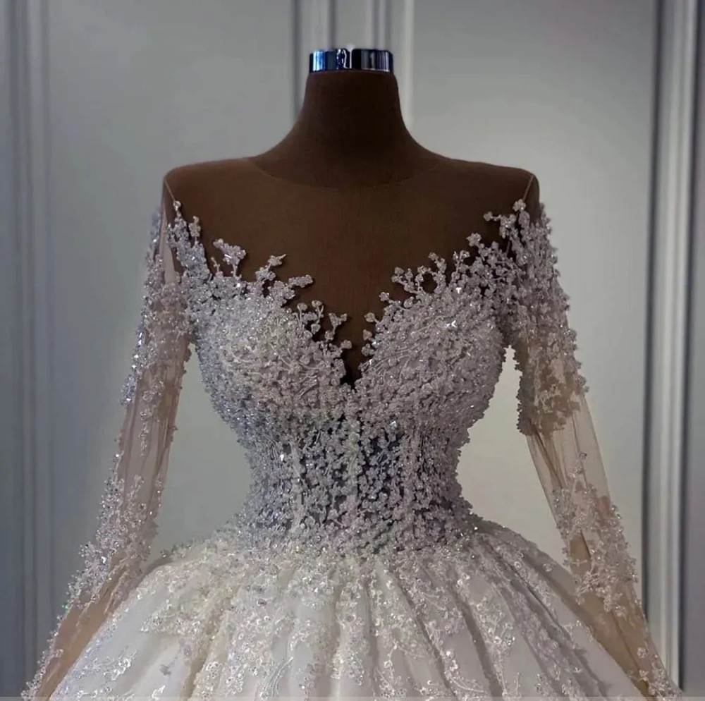 Wedding Dress Illusion Neck Long Sleeves Lace Appliques Pearls Beads Bride Gowns Robe Mariage Vestidos De Novia