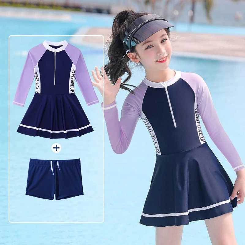 Girls UPF50+UV Protection Short Sleeve WaterProof Bathing SwimWear Kids One Piece Athletic Long Sleeve Surfing Beach Swim Skirts Z250214
