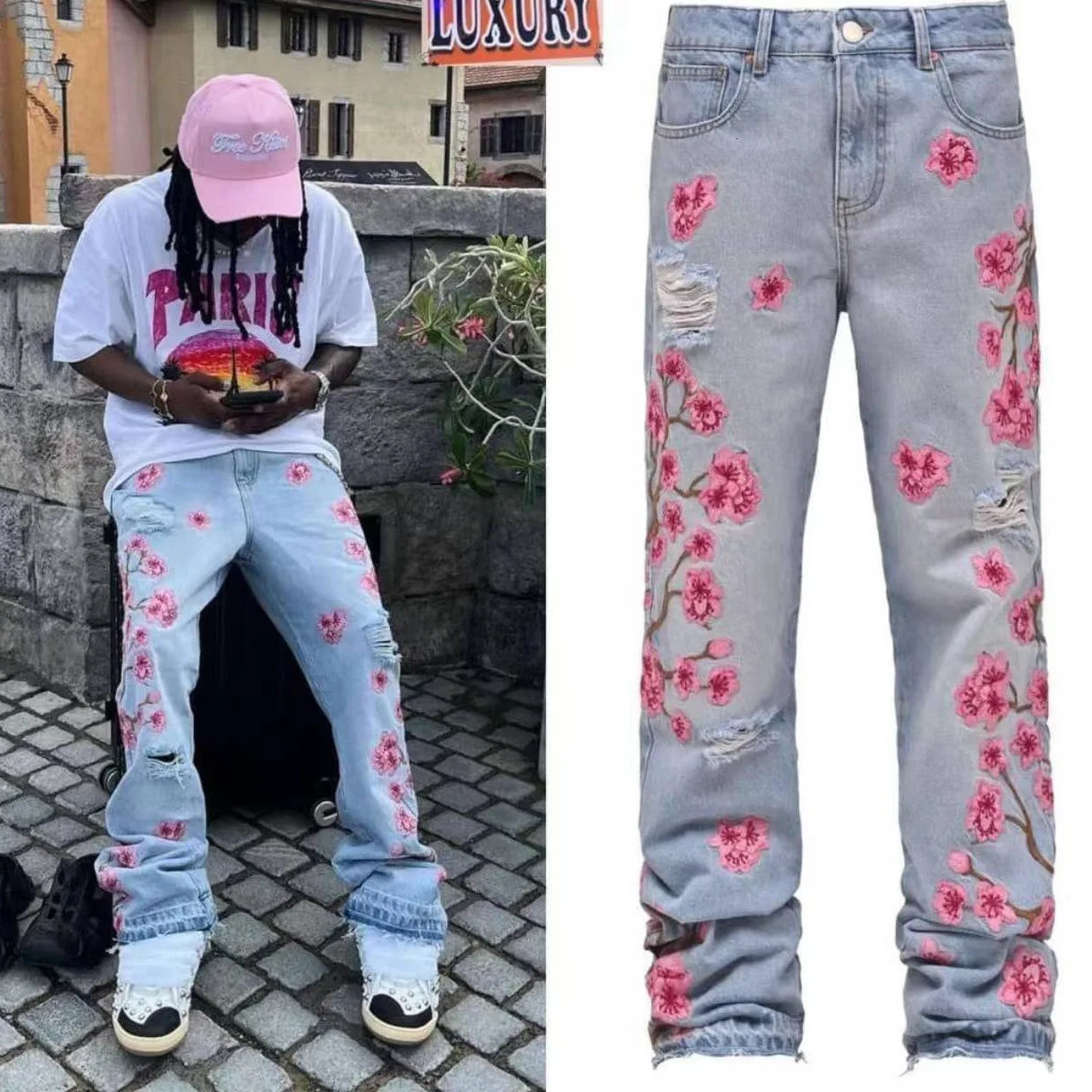 European Stacked Jeans For Men Ripped Holes Floral Patchworks Denim Pants Males Fashion Clothes 250214
